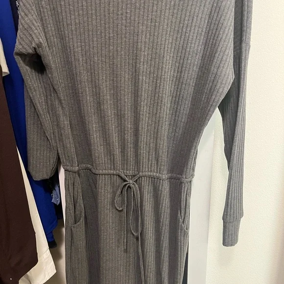 SHEIN Elegant Gray Ribbed Knit Dress midi front tie long sleeve medium - Picture 3 of 3